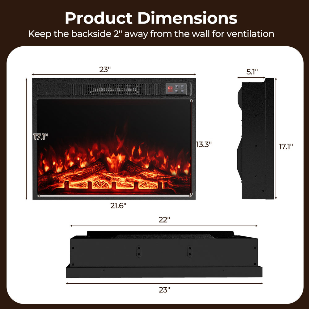 Product dimensions of the 23 Inch Electric Fireplace Insert, featuring adjustable flame color and thermostat control options.
