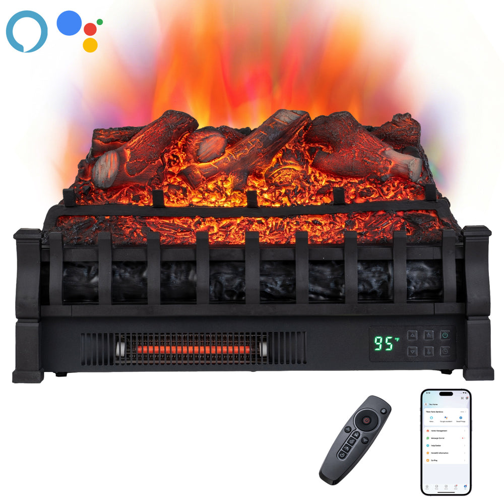 23" WiFi fireplace insert in black features customizable flame effects and remote control for cozy living room heating.