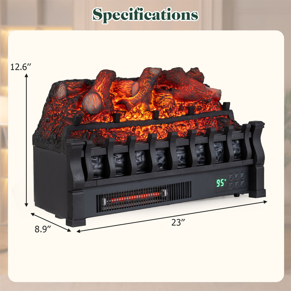 23" WiFi fireplace insert with a detailed log design and adjustable thermostat for efficient heating in large spaces.