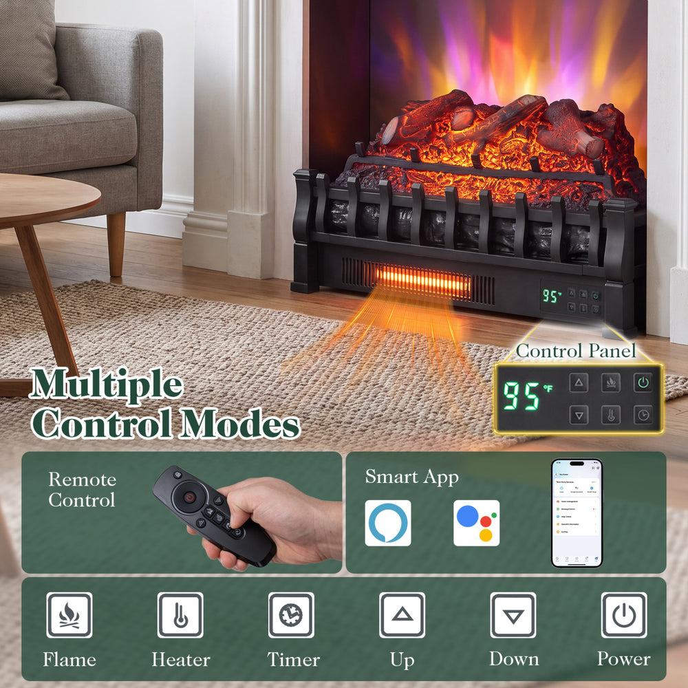 23" WiFi fireplace insert in black with customizable flame effects, remote control, and powerful 1500W heating for cozy spaces.