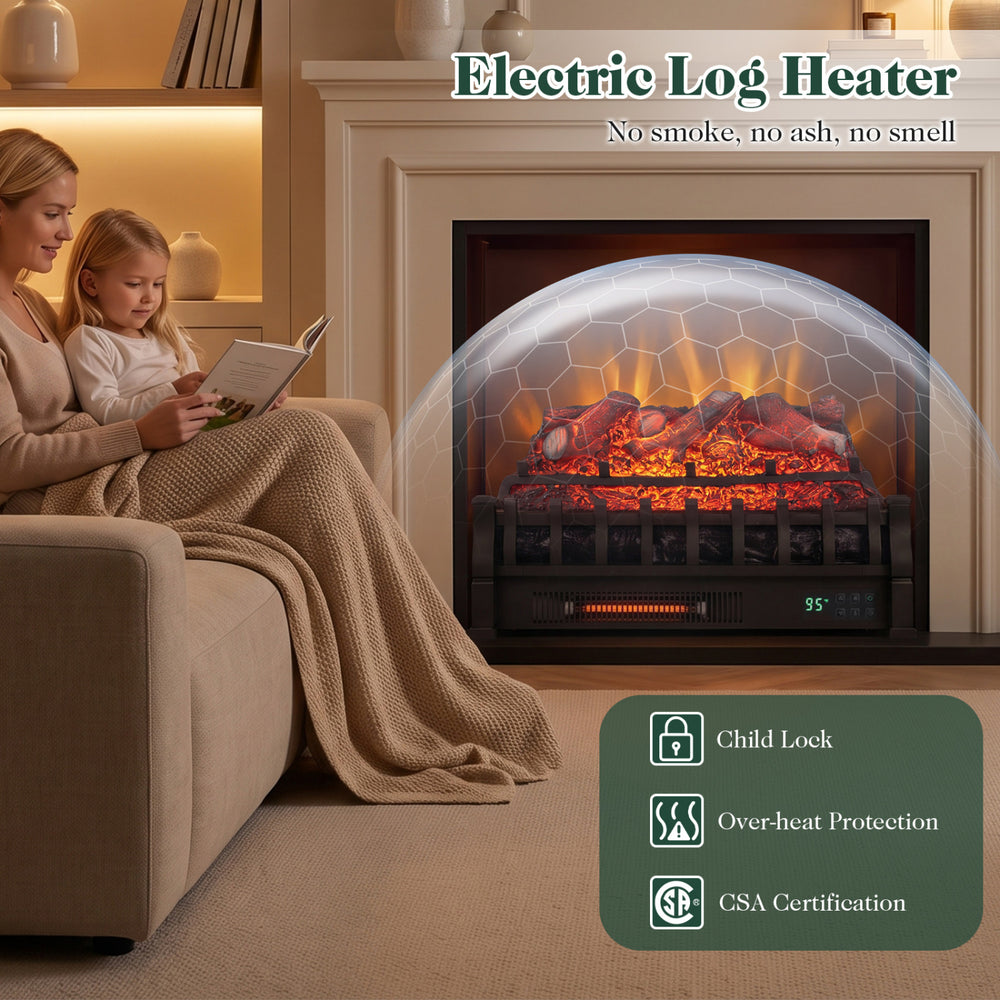 23" WiFi fireplace insert with customizable flame effects, 1500W heating, and remote control for cozy living room ambiance.