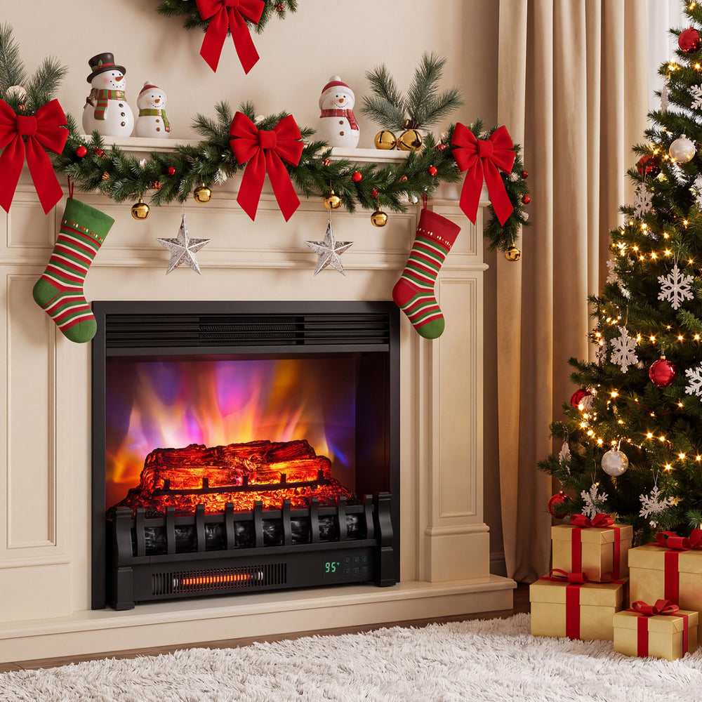 23" WiFi fireplace insert displays vibrant flames with resin logs, offering a cozy ambiance and effective heating for any space.