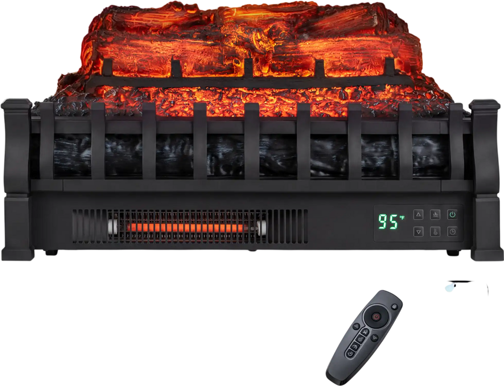 23" WiFi fireplace insert features lifelike resin logs and customizable flames, perfect for enhancing cozy living room decor.