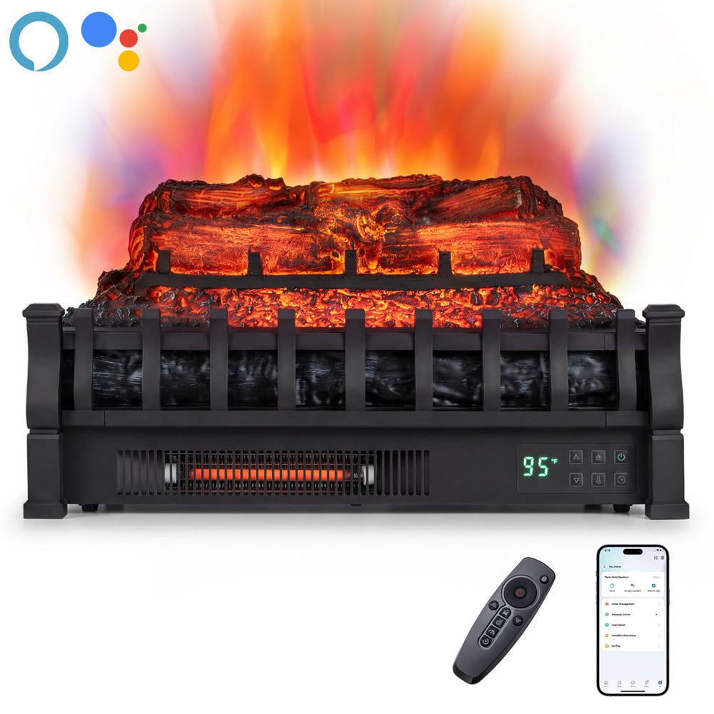 23" WiFi fireplace insert in black features customizable flame effects and remote control for cozy living room heating.