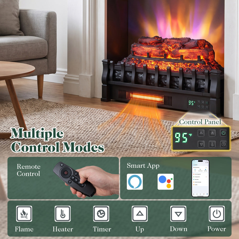 23" WiFi fireplace insert in black features customizable flame effects, remote control, and powerful 1500W heating for cozy spaces.