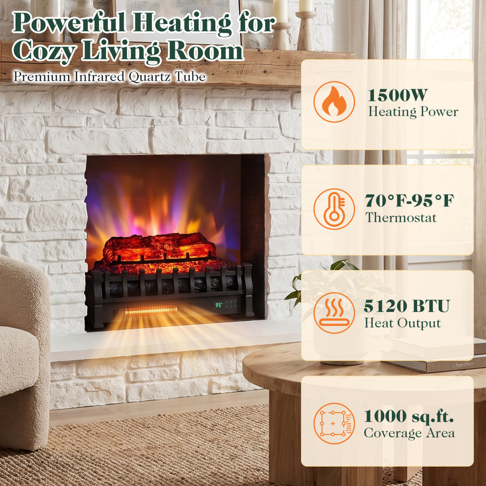 23" WiFi fireplace insert with 1500W heating, customizable flame effects, and remote control for cozy living rooms.