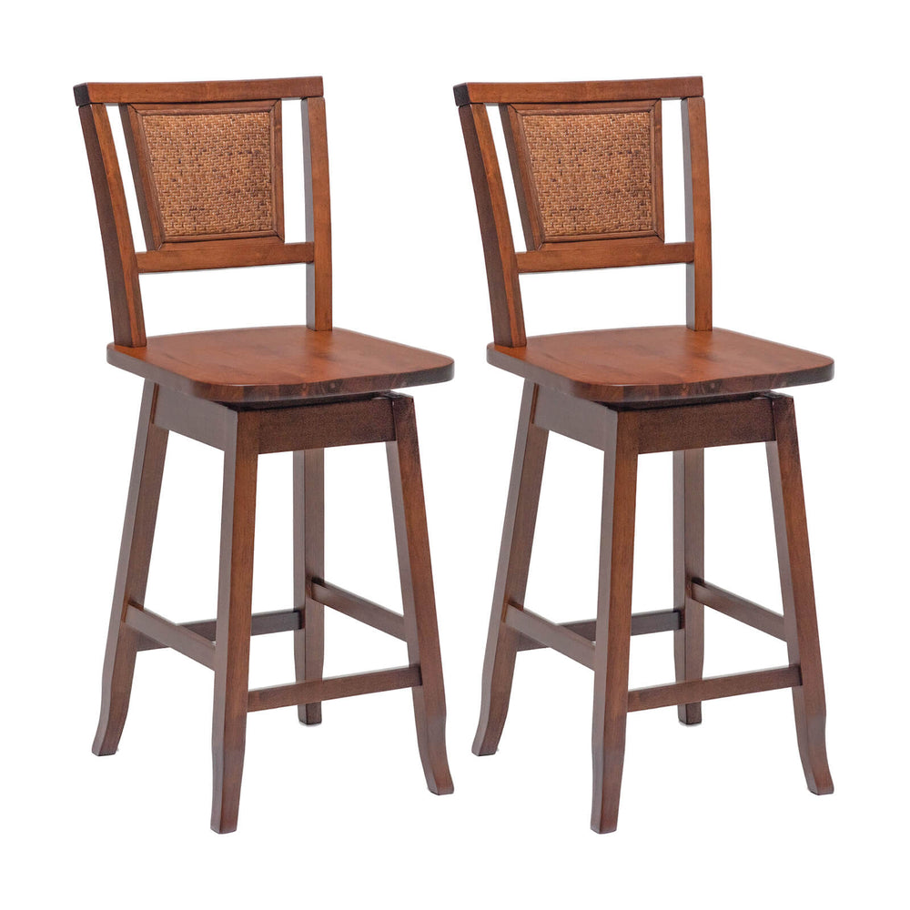 Set of two 24.5-inch bar stools with rattan back, swivel seat, and solid rubber wood for kitchen or dining use.