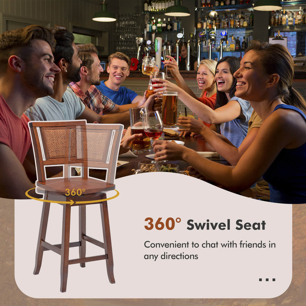 360° swivel bar stool with rattan back, solid rubber wood, ideal for kitchen or bar seating and comfortable chatting.