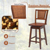 24.5-inch bar stool featuring a natural rattan back, solid rubber wood frame, and 360° swivel for kitchen or bar use.