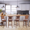 Set of two 24.5-inch bar stools with rattan back and swivel seat, perfect for kitchen or dining room use.