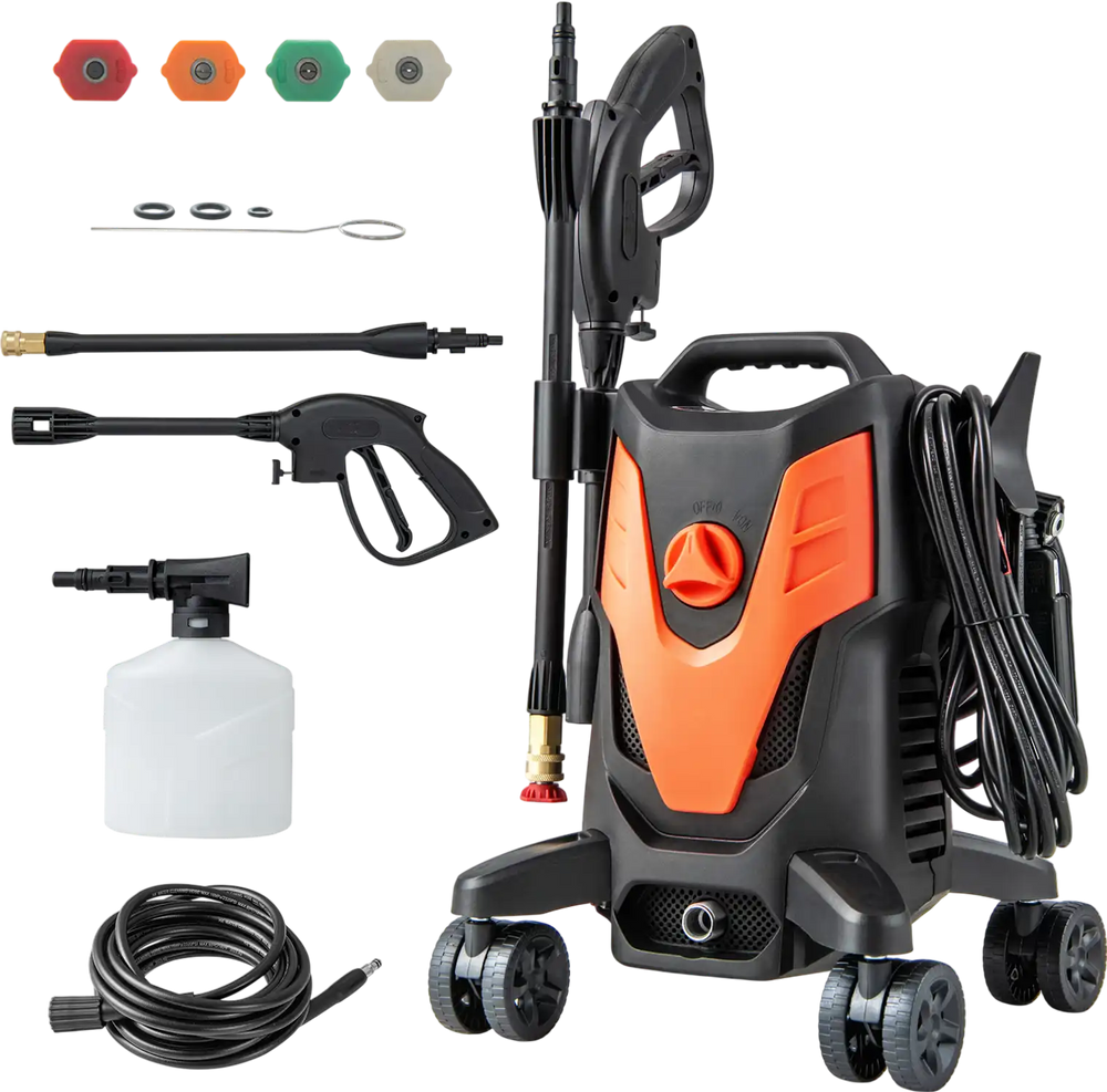2400 PSI electric pressure washer with 4 universal wheels, includes 4 nozzles for versatile cleaning tasks.