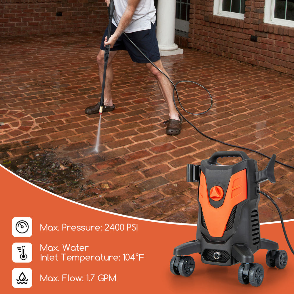 2400 PSI electric pressure washer with 4 universal wheels, ideal for versatile cleaning tasks like car washing and.