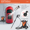 Electric pressure washer with 4 wheels, 2400 PSI, and multiple nozzles for versatile cleaning of cars and surfaces.