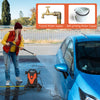 Electric pressure washer in use, featuring 2400 PSI, 4 wheels, and self-priming capability for versatile cleaning.