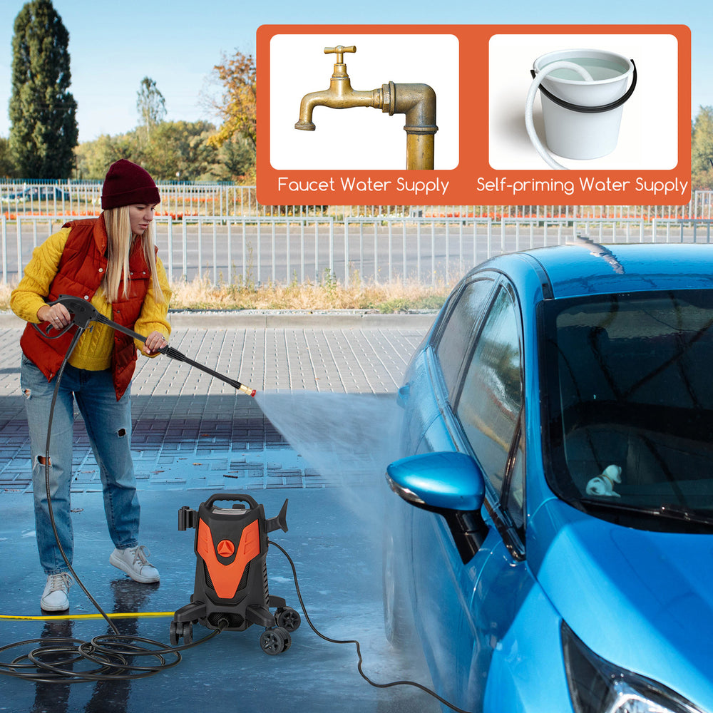 Electric pressure washer in use, featuring 2400 PSI, 4 wheels, and self-priming capability for versatile cleaning.