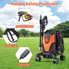 2400 PSI electric pressure washer with 4 universal wheels, safety features, and multiple nozzles for versatile cleaning.