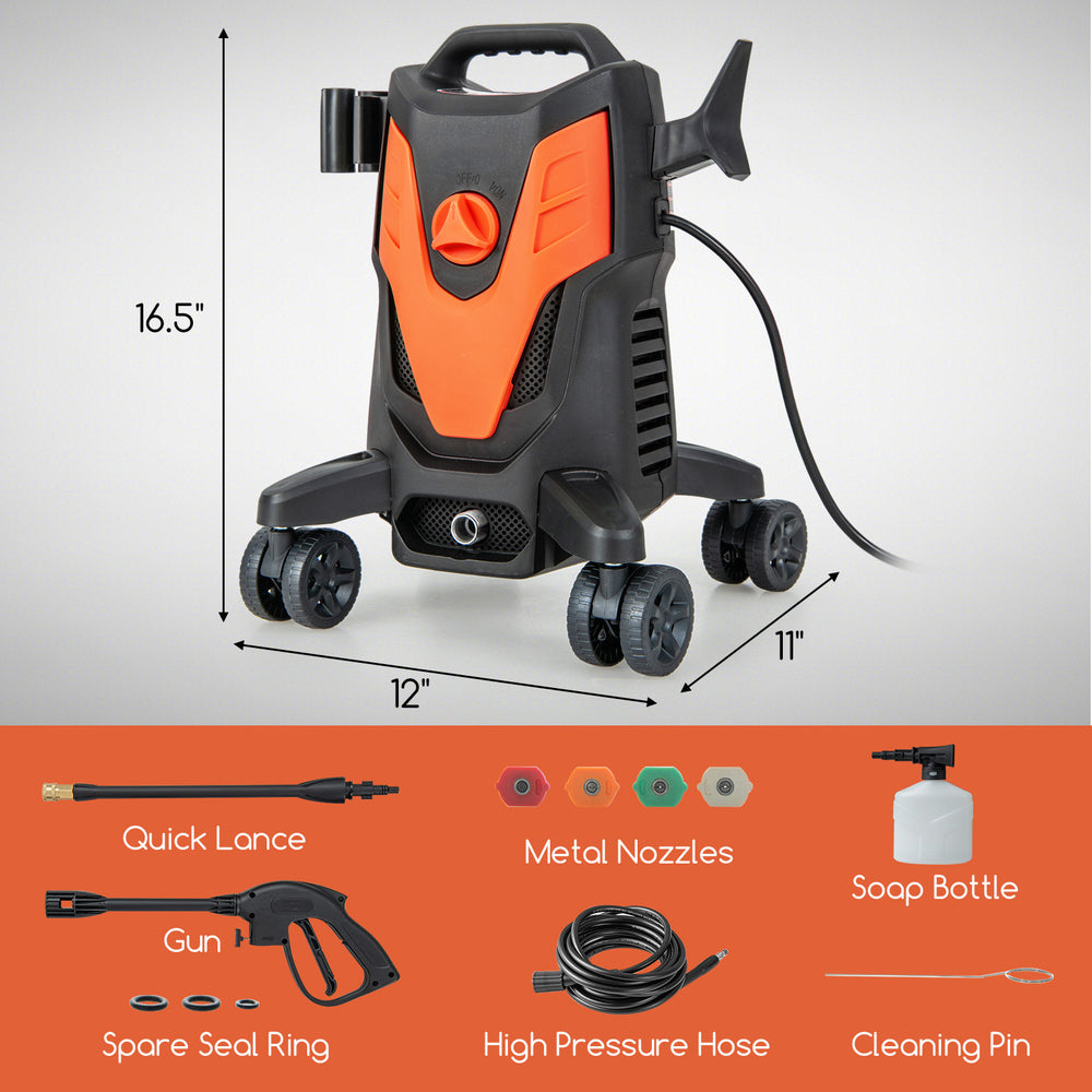 2400 PSI electric pressure washer in orange with 4 wheels, nozzles, and storage brackets for versatile cleaning tasks.