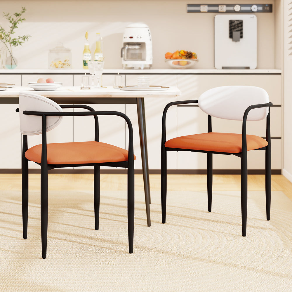 Modern dining chairs set of 2 with padded orange seats and curved backrests, perfect for stylish dining spaces.