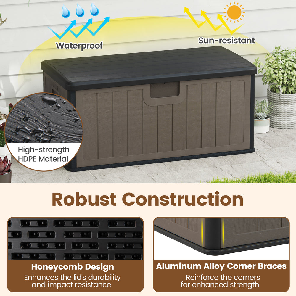 Large 100-gallon deck box in black and brown, made of weatherproof HDPE, ideal for outdoor storage and seating.