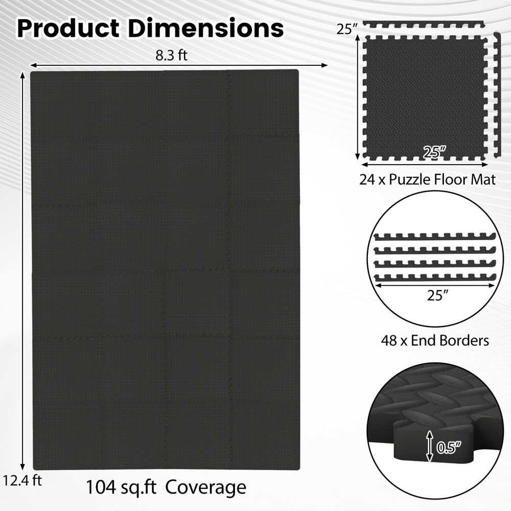 Black 24-tile puzzle exercise floor mats with 1/2" thickness, ideal for gyms and playrooms, featuring a non-slip.