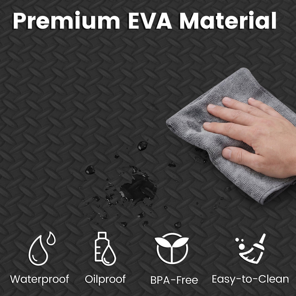 Close-up of black EVA foam exercise mat showing waterproof and easy-to-clean surface, ideal for gyms and playrooms.