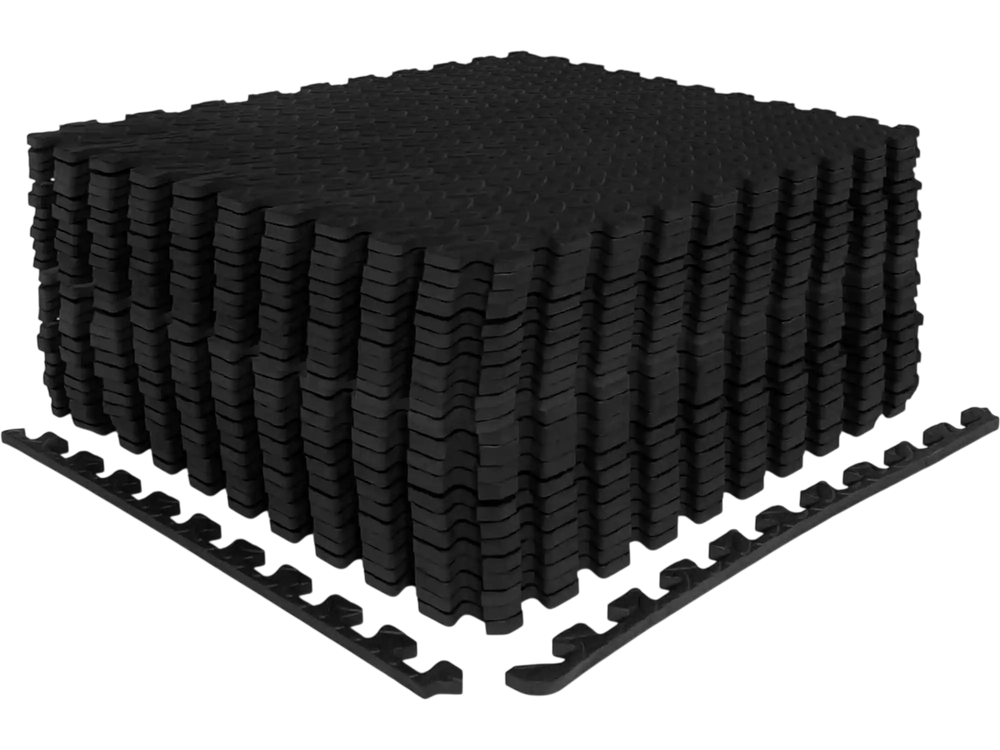 Black 24Tiles 1/2" puzzle exercise floor mats feature a non-slip texture and interlocking design for versatile use.