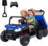 Two kids joyfully riding in a navy 24V 2-seater dump truck with electric dump bed and LED lights for outdoor fun.