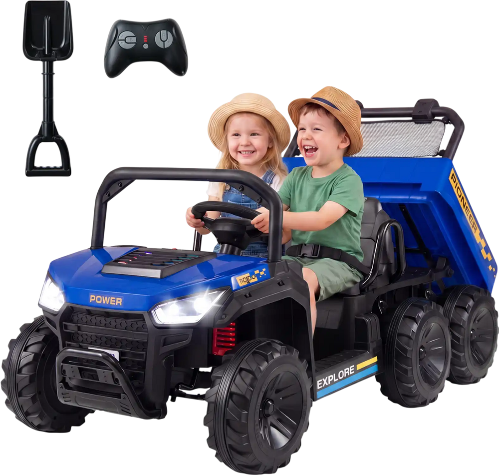 Two kids joyfully riding in a navy 24V 2-seater dump truck with electric dump bed and LED lights for outdoor fun.