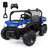 Navy 24V 2-seater kids ride-on dump truck with electric dump bed, remote control, and LED lights for outdoor fun.
