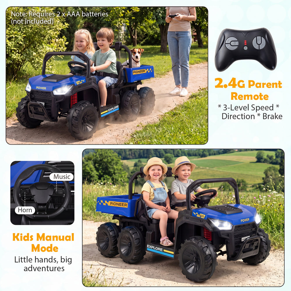 24V 2-seater kids ride-on dump truck in navy with electric dump bed, remote control, and multifunctional steering wheel.