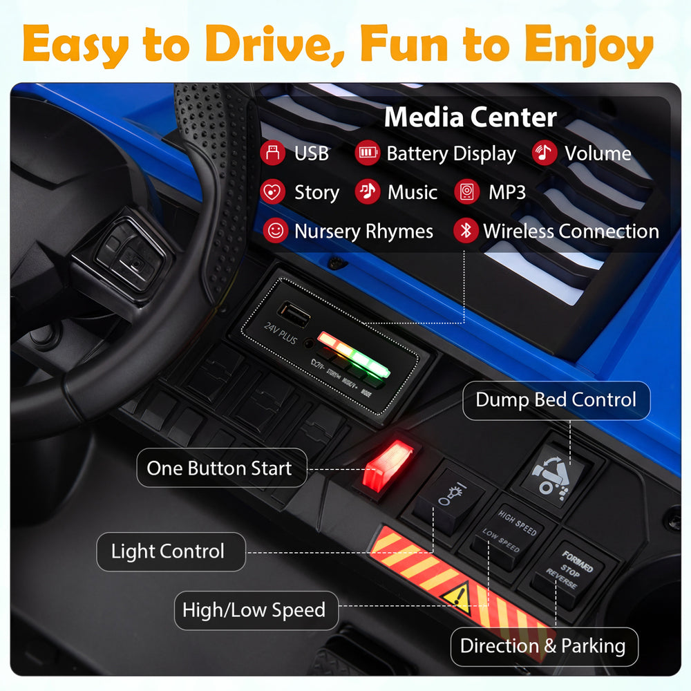 Interior control panel of the 24V 2-seater kids ride on dump truck with media center and dump bed controls.