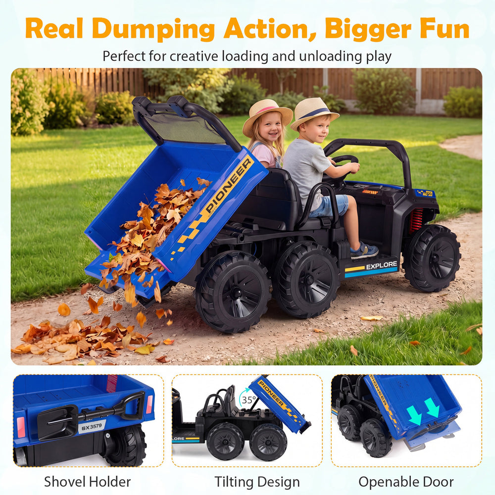 Two kids enjoy riding the navy 24V 2-seater dump truck with a tilting dump bed for creative play and adventure.
