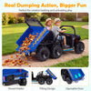 Two kids enjoy riding the navy 24V 2-seater dump truck with a tilting dump bed for creative play and adventure.