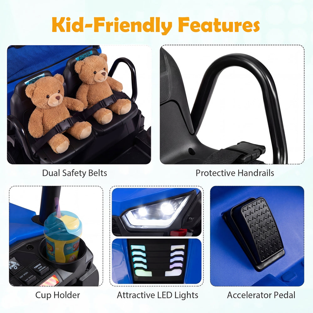 Dual safety belts and protective handrails on the 24V 2-seater kids ride on dump truck for safe play and fun.
