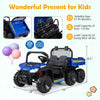 Navy 24V 2-seater kids ride-on dump truck with electric dump bed, 4WD, and LED lights for outdoor fun.