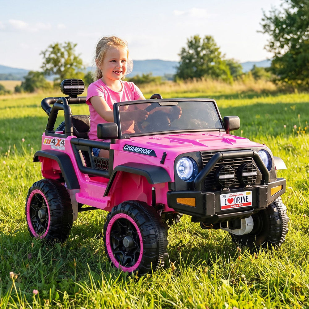 Pink 24V 2-seater kids ride-on truck with 4WD, lockable doors, and music features for outdoor fun and shared playtime.