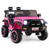 Bright pink 24V 2-seater kids ride-on truck features 4WD, lockable doors, and music for fun outdoor adventures.