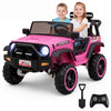 Pink 24V 2-seater kids ride-on truck with 2WD/4WD modes, lockable doors, and music features for fun outdoor adventures.