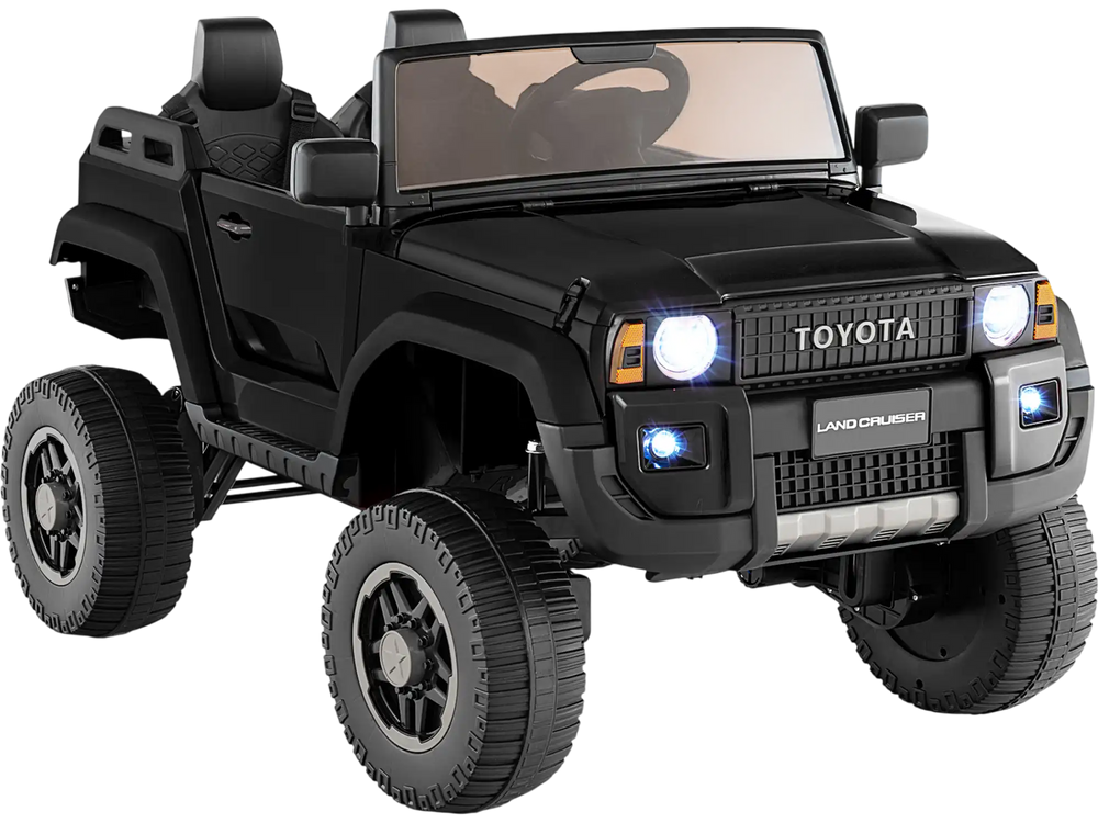 Black 24V 2-seater ride-on car with 4WD/2WD switchable, designed for kids with remote control and LED lights.