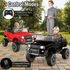 Two kids enjoying a black 24V 2-seater ride-on car with remote control, featuring 4WD/2WD switchable modes.