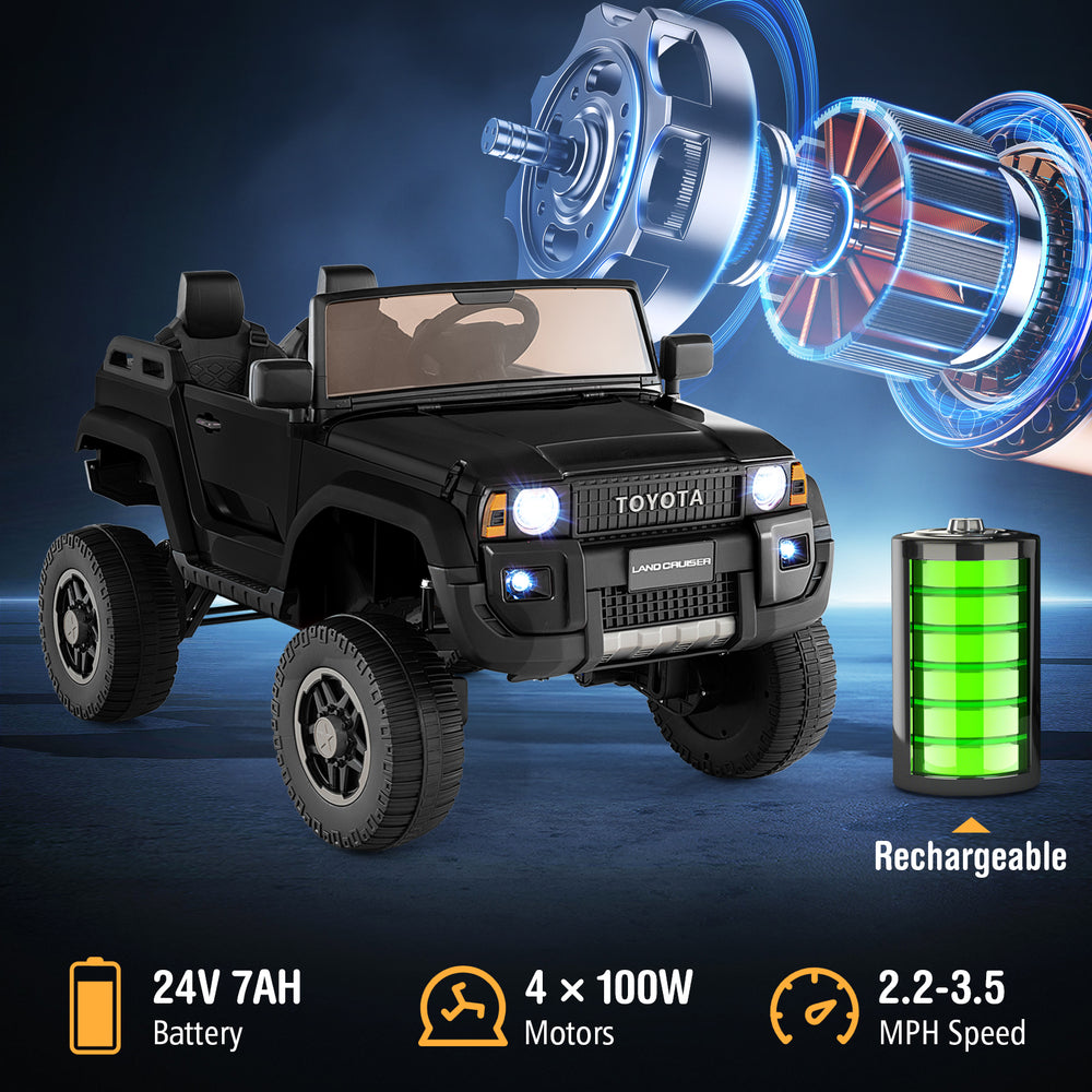 Black 24V 2-seater ride-on car with 4WD/2WD switchable, remote control, and rechargeable battery for kids aged 3+.