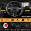 Steering wheel of the 24V 2 Seater Ride on Car with music controls and kid-friendly buttons for easy operation.