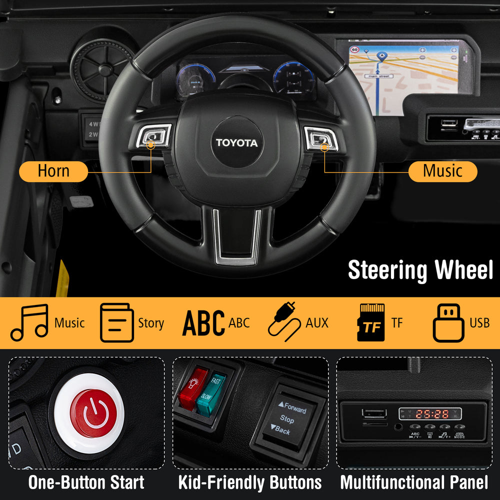 Steering wheel of the 24V 2 Seater Ride on Car with music controls and kid-friendly buttons for easy operation.