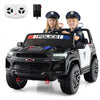 Two children enjoying a 24V 2-seater ride on police car with LED lights and remote control, perfect for ages 3 to 8.
