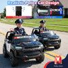 Two-seater black police car ride-on with LED lights, megaphone, and remote control for kids aged 3 to 8.