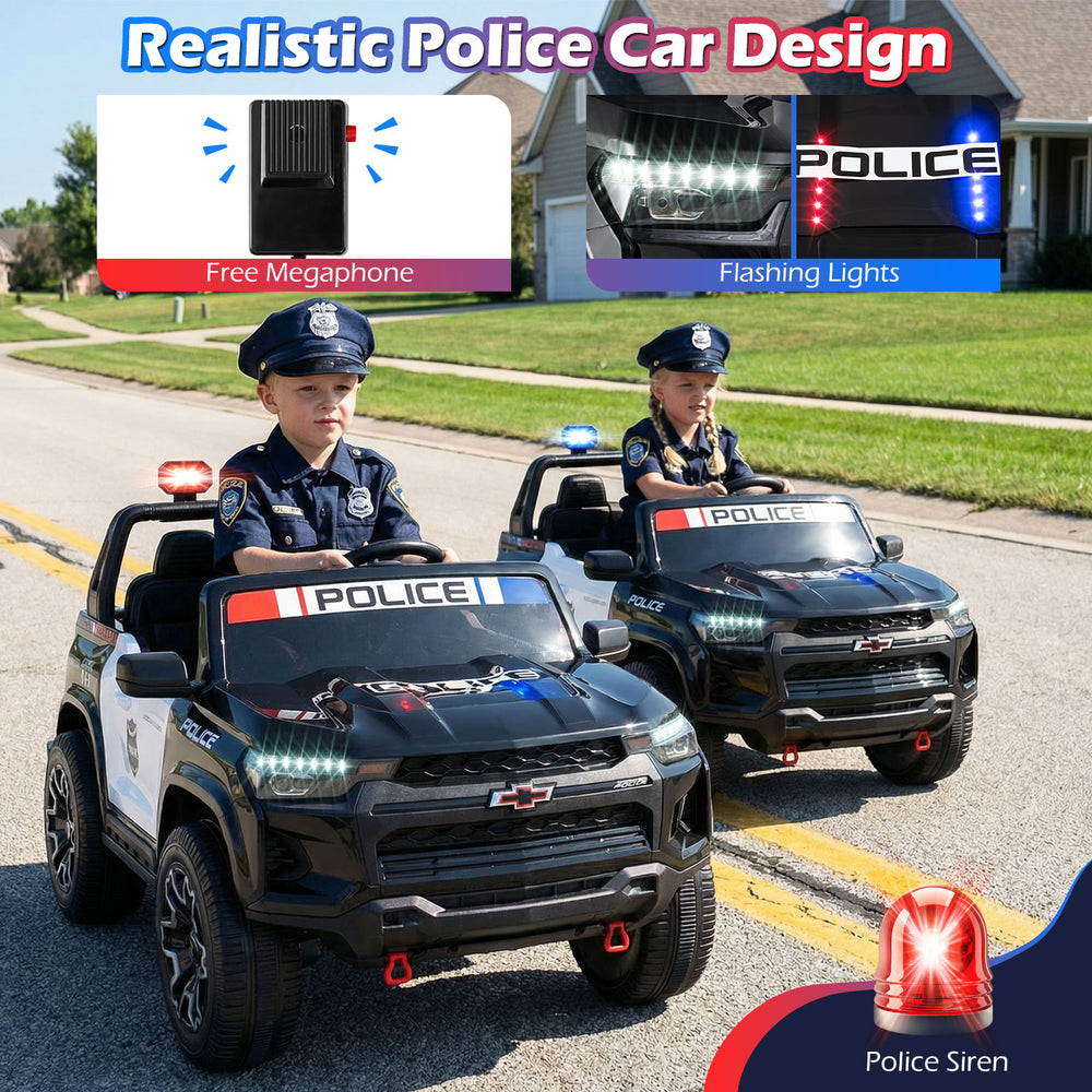 Two-seater black police car ride-on with LED lights, megaphone, and remote control for kids aged 3 to 8.
