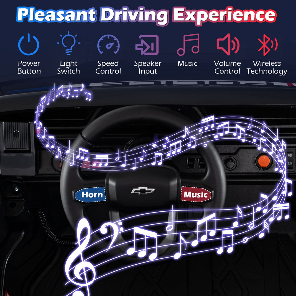 Steering wheel of the 24V 2-seater police car with music controls, horn, and LED lights for a fun driving experience.