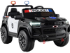 Two-seater black ride-on police car with LED lights, megaphone, and remote control for kids aged 3 to 8.