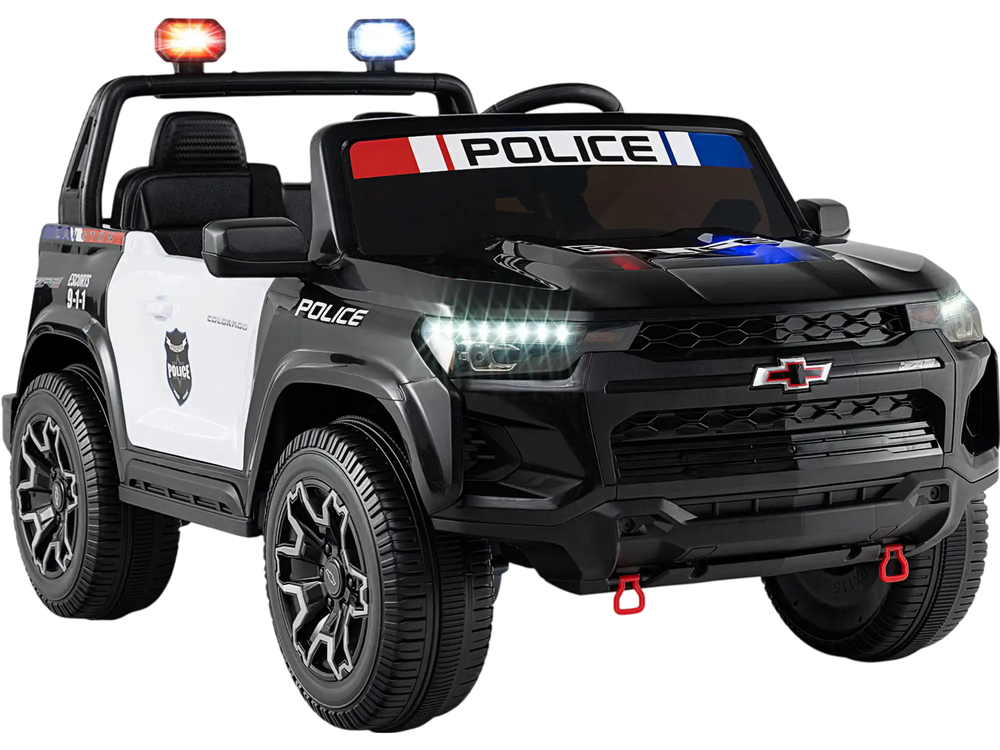 Two-seater black ride-on police car with LED lights, megaphone, and remote control for kids aged 3 to 8.