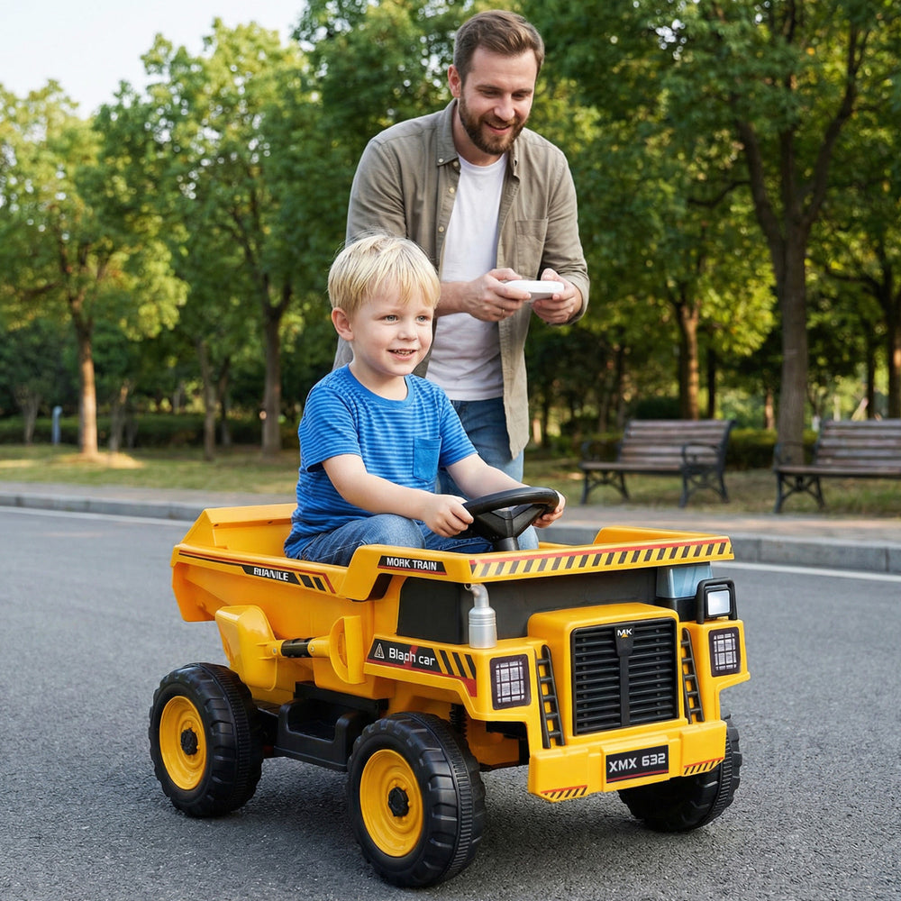 Kids ride-on 24V construction electric vehicle in yellow with dump bed, remote control, and durable wheels for outdoor.